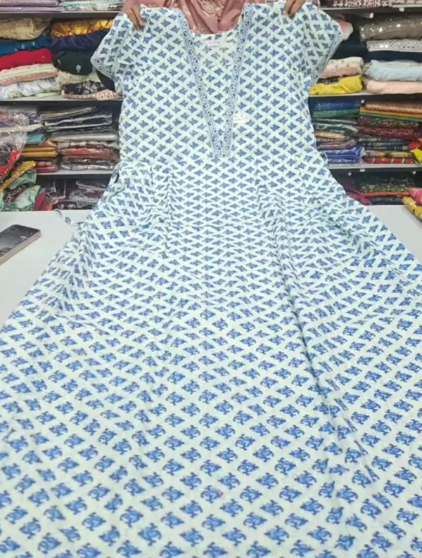 Pure Jaipur Cotton V-Neck Frock Maxi Nighty | NT3569
